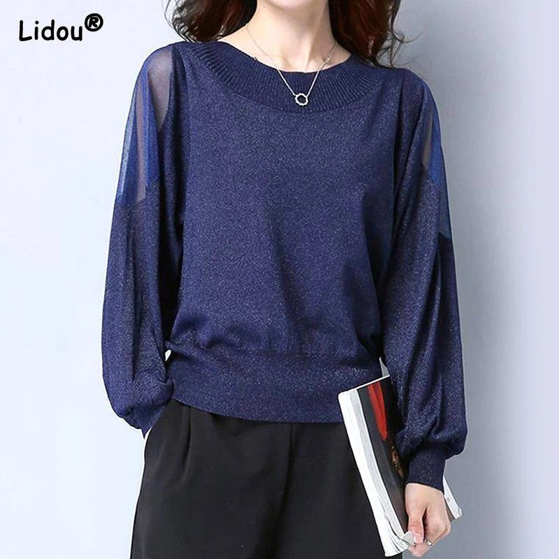 

2023 New Spring and Autumn French High End Elegant Commuting Simple Thread Round Neck Hollow Bat Sleeves Loose Women's Knitwear