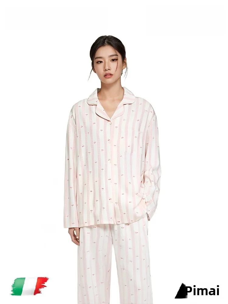 

PinkBread Ladies Cotton Striped Sleepwear Set Comfortable Home Clothes Long Sleeve Loose Fit Spring Autumn Outfit Suitable fo...