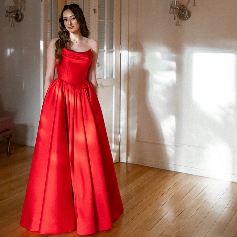 

Thinyfull Sexy Red A-Line Prom Evening Dresses Women Strapless Saudi Arabia Party Dress Formal Cocktail Prom Gowns Customized