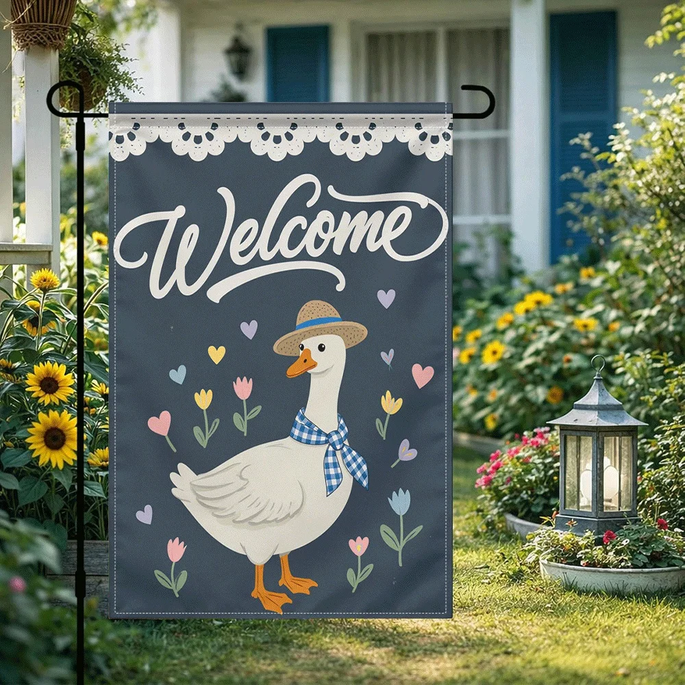 1PC Bandera de Jardín con Diseño de Pato de Bienvenida, Bandera Decorativa para Patio con Estampado Floral de Corazones de Primavera/Verano, Ganso con Sombrero de Paja para Exteriores