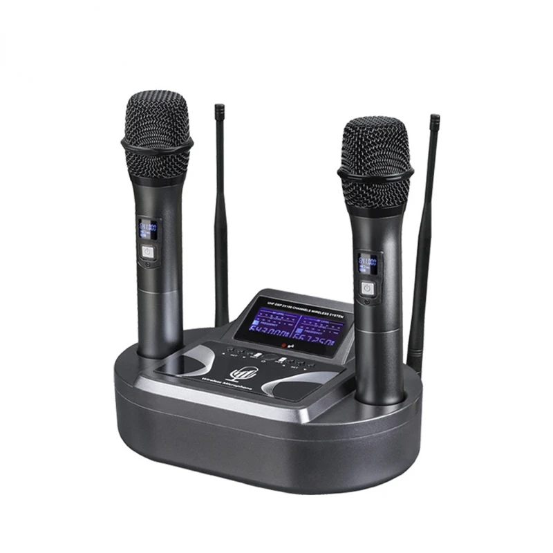 

Rechargeable dual-channel wireless microphone system with volume control cordless microphone for karaoke