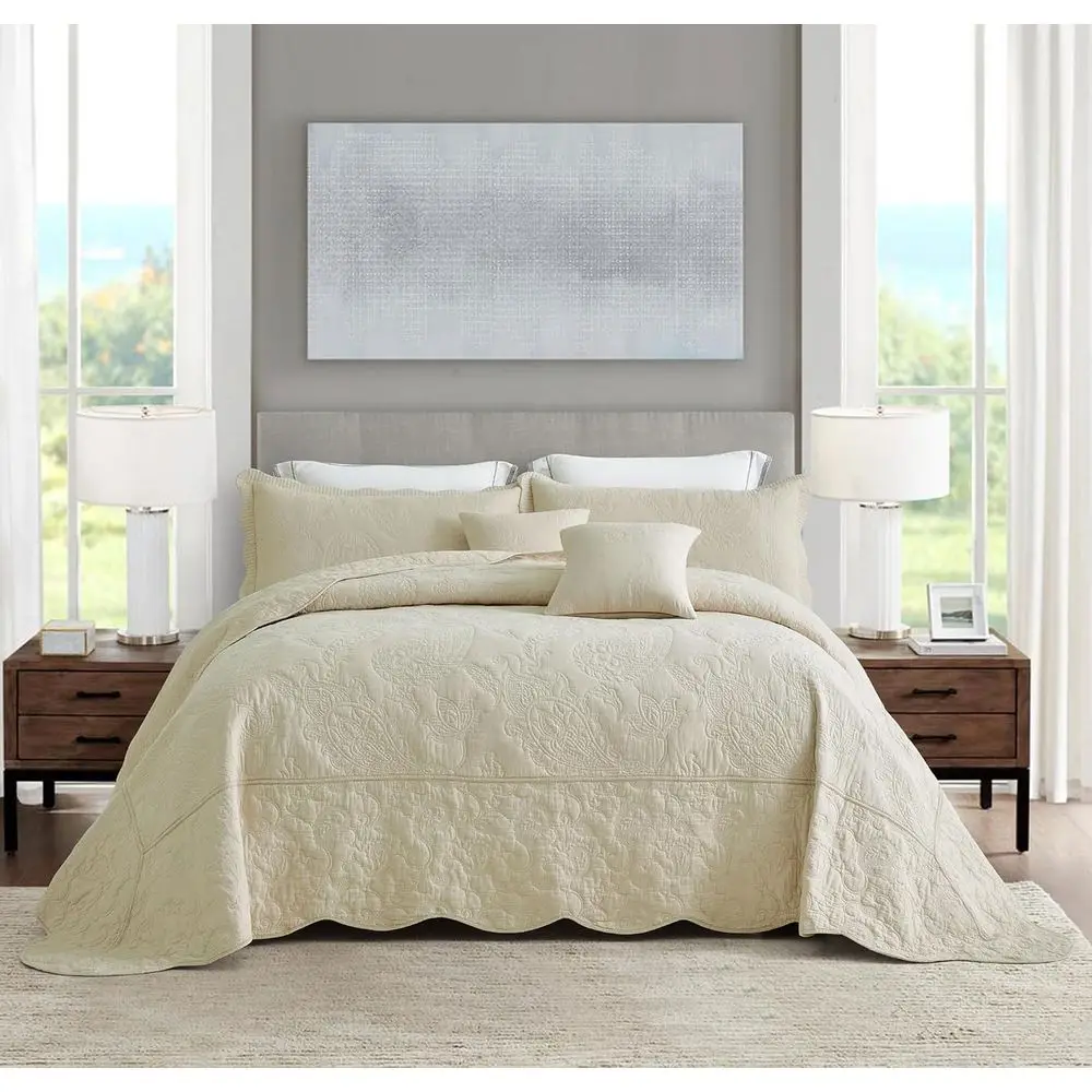 

Oversized King Bedspread Cotton 128x120 Extra Wide, Reversible Paisley Design, Lightweight Bedding Cover, 5 Piece Set, Khaki