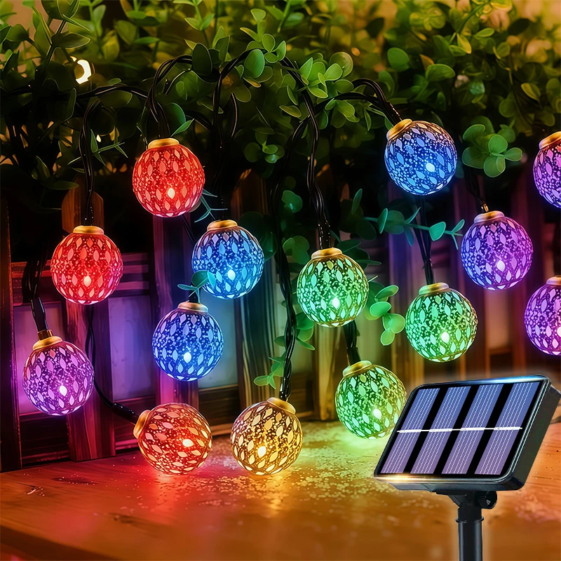 Outdoor Solar Moroccan Ball Lights 8 Modes IP54 Waterproof Decorative String Lights for Garden Fence Patio Wedding Holiday Decor