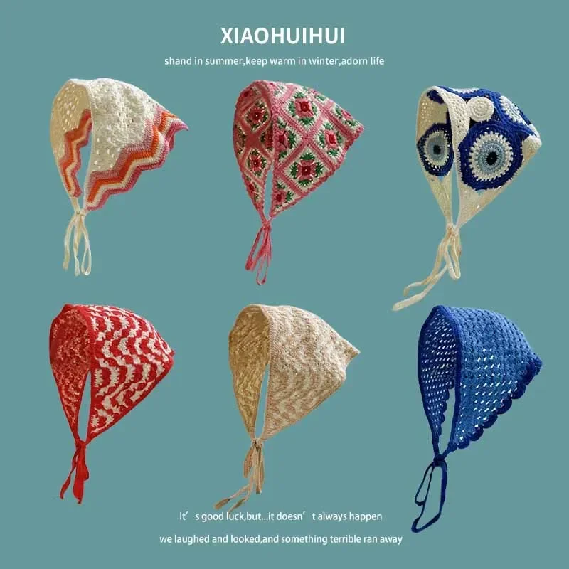 

French Ins Knitted Lace Triangle Scarf Women 2024 New Retro Versatile Headscarf Hat Bundle Hair Photo Bag Head Hat Headband