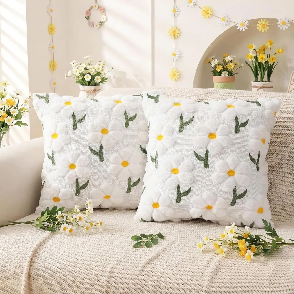 New Embroidery Daisy Spring Pillow Covers Soft 18 x 18 Inch Faux Fur Pillow Covers Square Throw Pillow Cases Home Sofa Decor