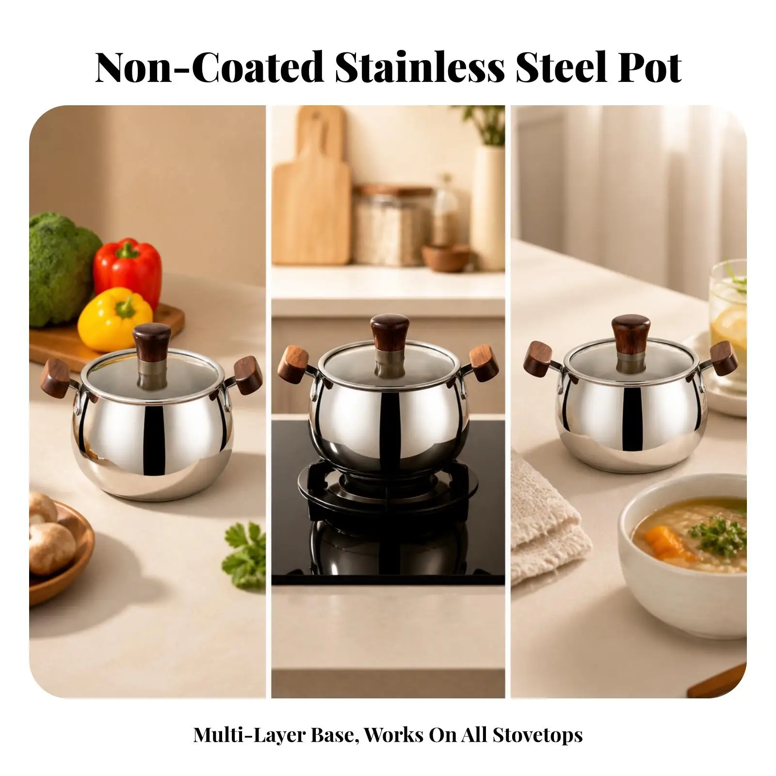 Stainless Steel Saucepan with Glass Lid 5-Layer Cookware for Singles