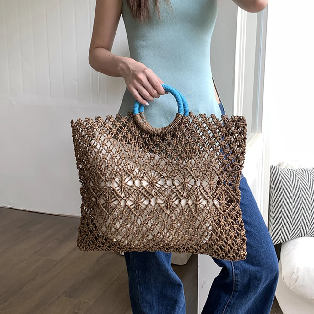 Hollow Knitted Beach Bag Large Crochet Tote Women Handbags Bohemian Rope Woven Bags for Women Round Handle Travel Shopper Purses