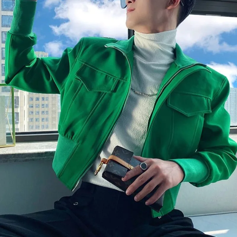 Ins Trendy Lapel Short Jacket for Men Korean Style High-end Casual High Waist Coat Unisex Autumn New Green Chic Outwear Party
