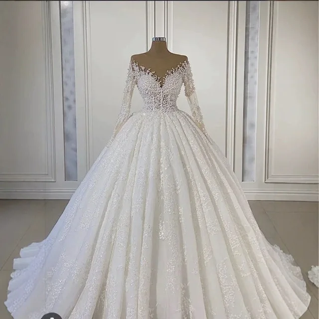 

Sparkly Sequin & Beaded Pearls Wedding Dresses Ball Gown Sheer Long Sleeves V-Neck Luxurious Bridal Dress Princess Vestido Novia
