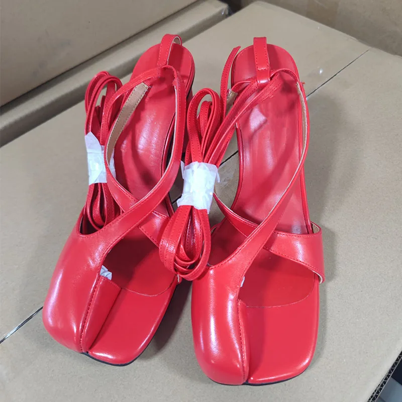 2024 Summer Fashionable Baotou Back Hollow Round Toe Thick Heel High Heel Ankle Cross Strap Open Toe Flip-Toe Sandals