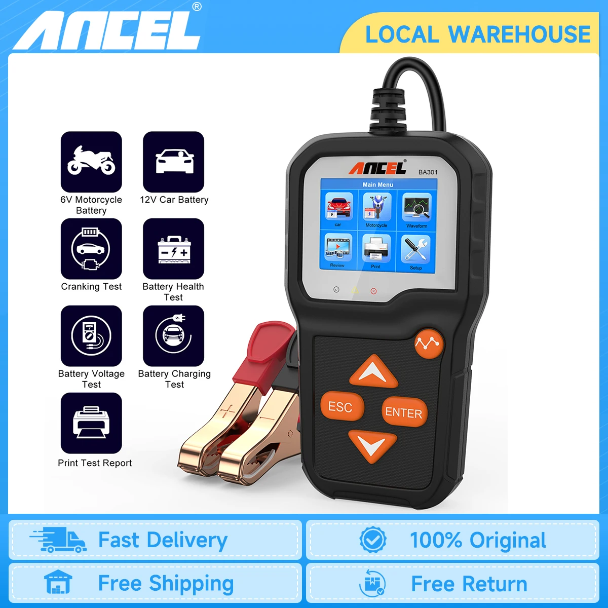 ANCEL BA301 6V 12V Car Battery Tester  100 to 2000 CCA Battery Analyzer Automotive Battery Cranking Charging load Circuit Test