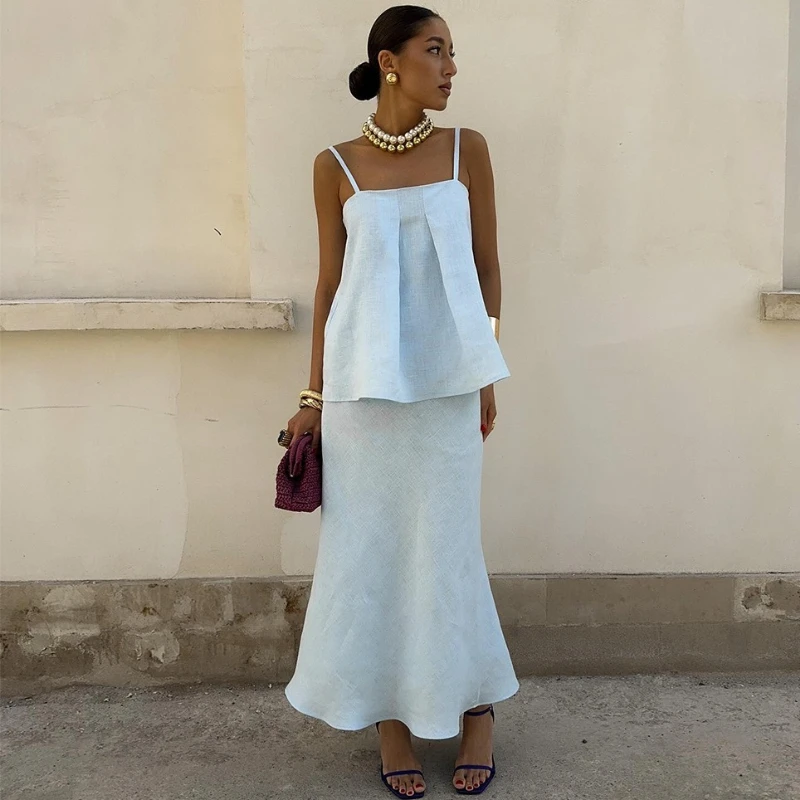 

TARUXY Leisure Cotton Suspenders Skirt Set Female Spring Summer New Lazy Solid Camisole Top Fishtail Long Skirt Women's Suit