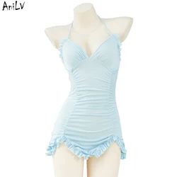 AniLV Hot Girl Irregular Halter Mini Dress Unifrom Swimsuit Women Macaron Bule Sweet Nightdress Pajamas Outfits Costumes Cosplay