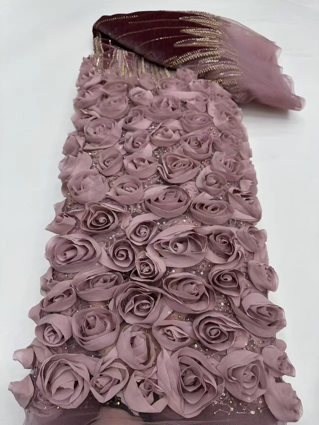 5 Yards African 3D Flower Beads Lace Fabric High Quality French Nigerian Embroidery Tulle Fabric for Wedding Dress Sewing AH1612