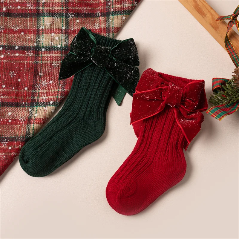 2 Paar/Set Weihnachts-Kniestrümpfe für Kleinkinder und Kinder, Mädchen, niedliche große Schleife, Neujahrs-Baumwoll-Langsocken, weiche warme Beinwärmer – Detail 7