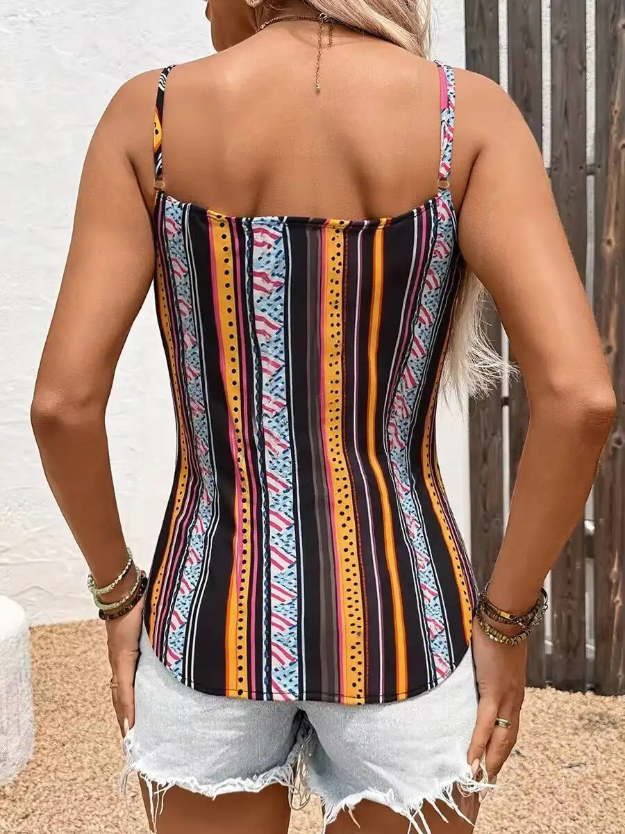 Women Spaghetti Strap Cami Top Sweetheart Neck Boho Striped Casual Top Cute Top Spring Summer Beach Vacation Daily Comfy Top
