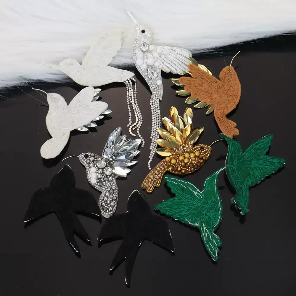 1pair Embroidered Beaded Applique for Clothes,Sparkly Bird Sew-on Embellishment  for Backpack Hat Vest, Swallow Sequin Patch