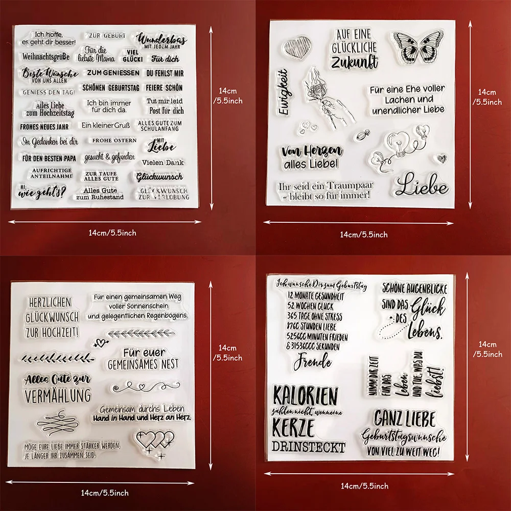 Deutsche Textstempel aus klarem Silikon, 4 Stück, transparente Stempel mit gemischten Sprüchen für DIY-Karten, Scrapbooking, Kunsthandwerk, Dekoration
