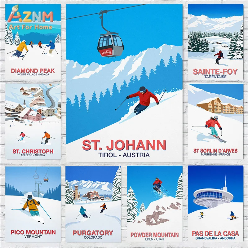 AZNM Vintage Ski Resort Canvas Wall Art Mountain Ski Lift Skier Illustration Winter Sports Travel Poster Home Decor Unframed