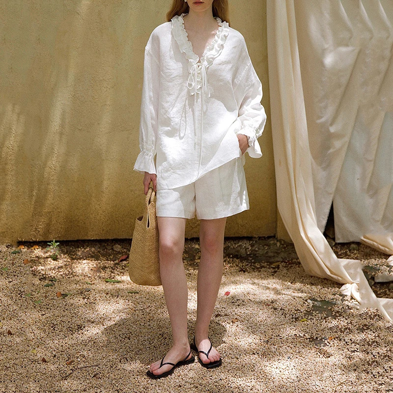 

Spring Linen-cotton Shorts Suit Women Long Sleeves Ruffled Edge V-neck Shirt+high Waist Loose Shorts Autumn Female Two Piece Set
