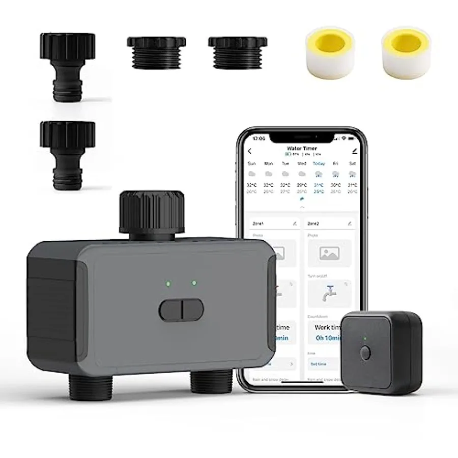 

Smart WiFi Sprinkler Timer for Garden Hose 2 Outlets Watering Timer with Hub Up to 20 Schedules Automatic Irrigation Compatible