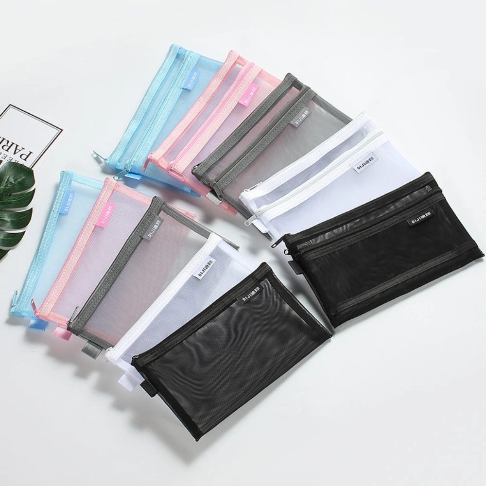 Transparent Nylon Mesh Pencil Bag Large Pencil Case Double-layer Stationery Bag Minimalist Student Exam Storage Bag Makeup Pouch