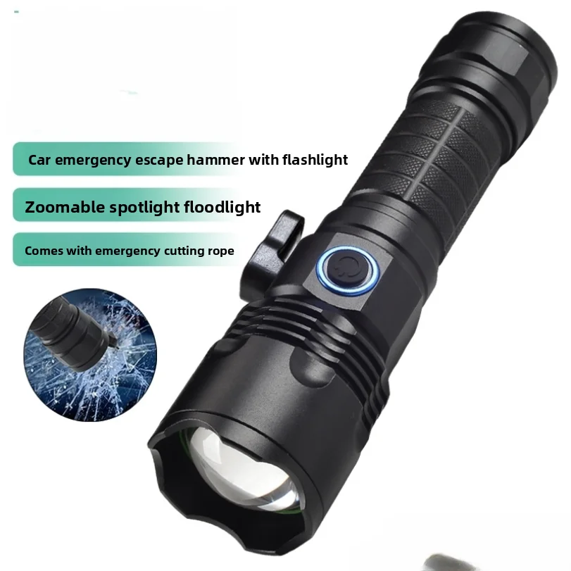 

Car Emergency Flashlight with White Laser Zoomable Floodlight Rope Cutter Window Breaker Rechargeable Emergency Tool