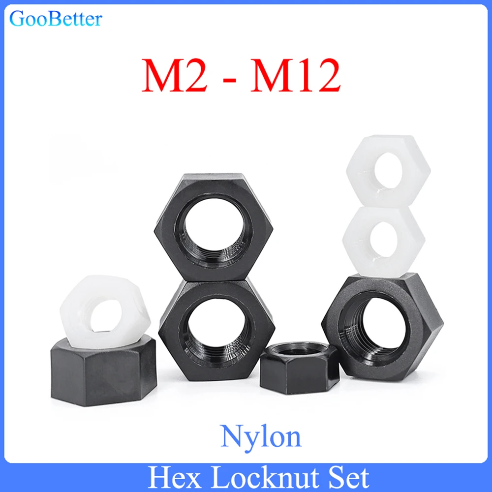 

90Pcs/lots M2 M2.5 M3 M4 M5 M6 M8 M10 M12 White/Black Plastic Nylon Hex Hexagon Nut Grade 4.8 Lock Nuts DIN934