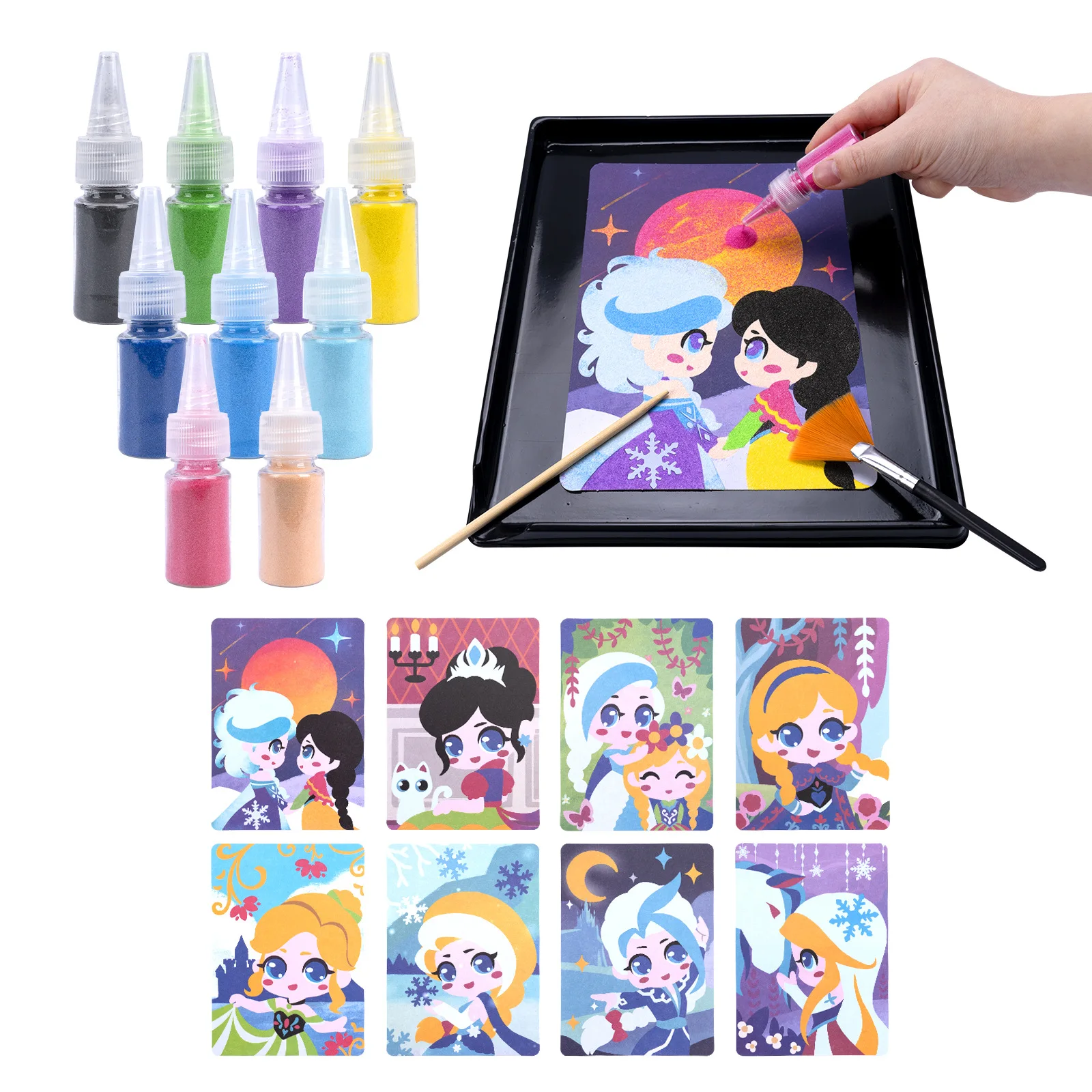 مجموعة فنية الرمل السحري للأطفال الأميرة / القلعة / بطاقات الحيوانات مع مجموعة الرمل الملونة DIY ألعاب تعليمية مونتيسوري هدية للأولاد والبنات