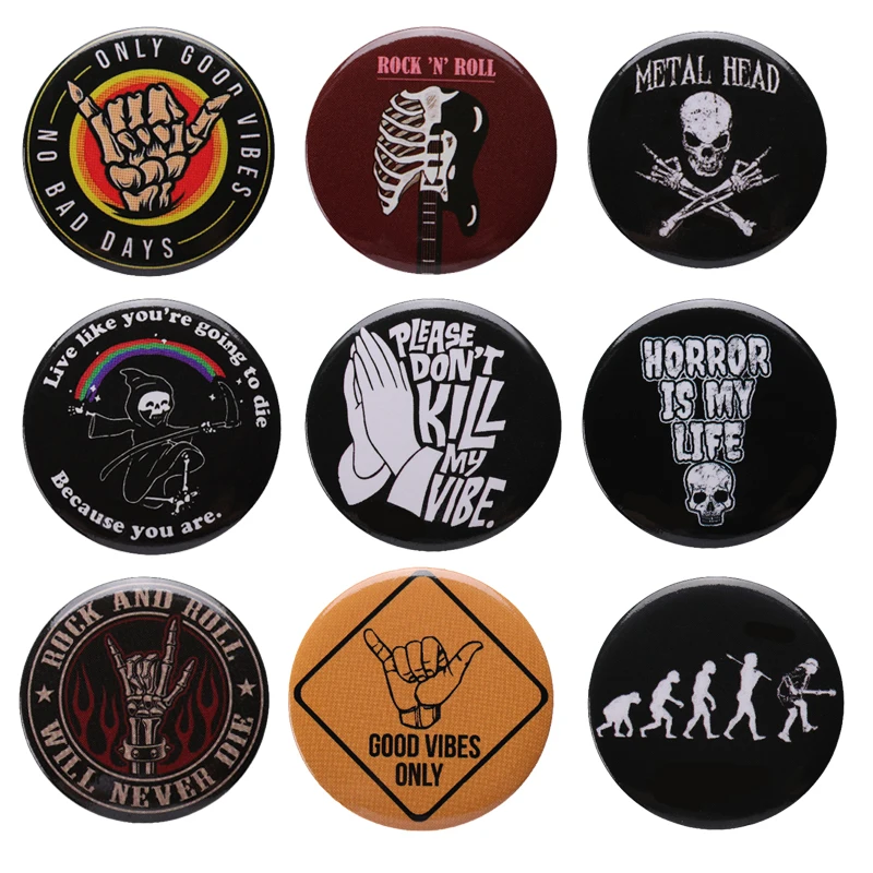 Punk Gothic Tinpate Pin Hip-Pop Rock n Roll Button Soft Brooches Backpack Clothes Collar 44mm Badge Pin Jewelry for Music-lover