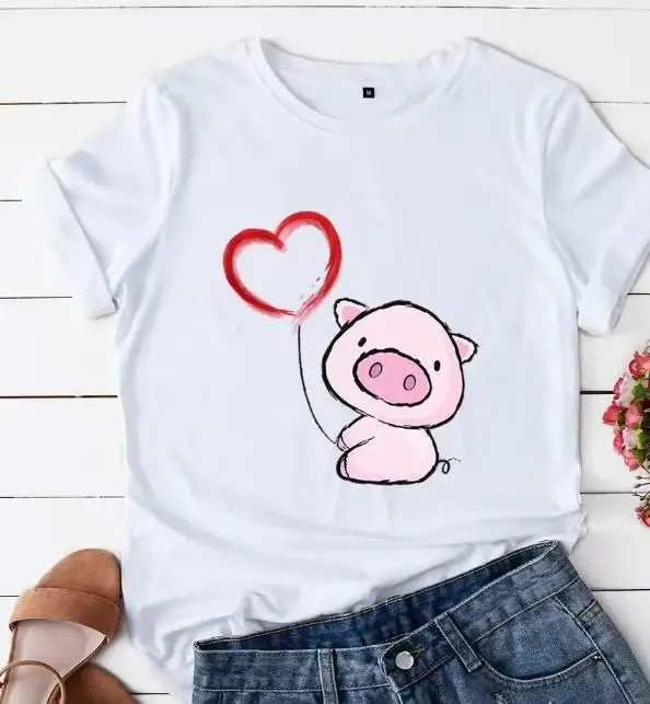Women Cute Pig T Shirt Hand Drawn Pink Pig With Red Heart Balloon Graphic Casual Short Sleeve White Tee Tops