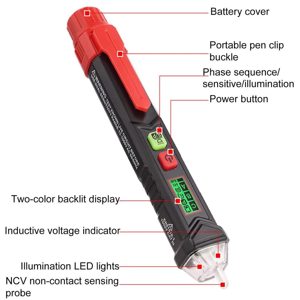 HT100P Test Pencil Non-contact Phase Sequence Meter Three Phase Alternating Current Digital Display Phase Meter Detector Tester