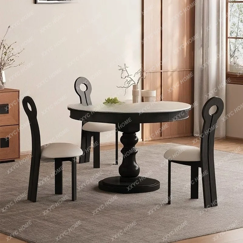 

Medieval travertine rock slab dining table retractable round table small apartment household