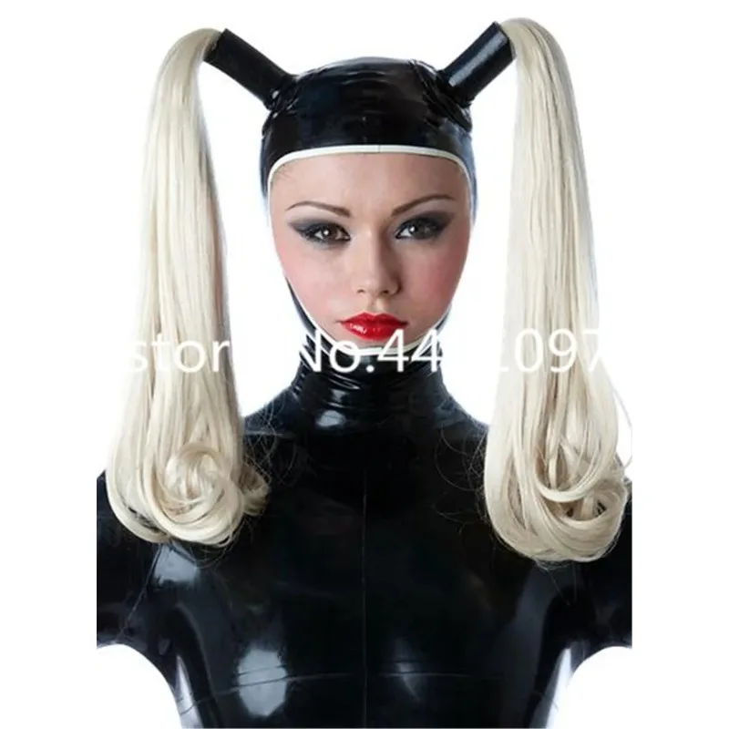 

Latex Mask Rubber Unisex Hood with Wig Rubber Fetish Cosplay Mask Two Braid Wigs Latex Headgear Customized XS-XXL