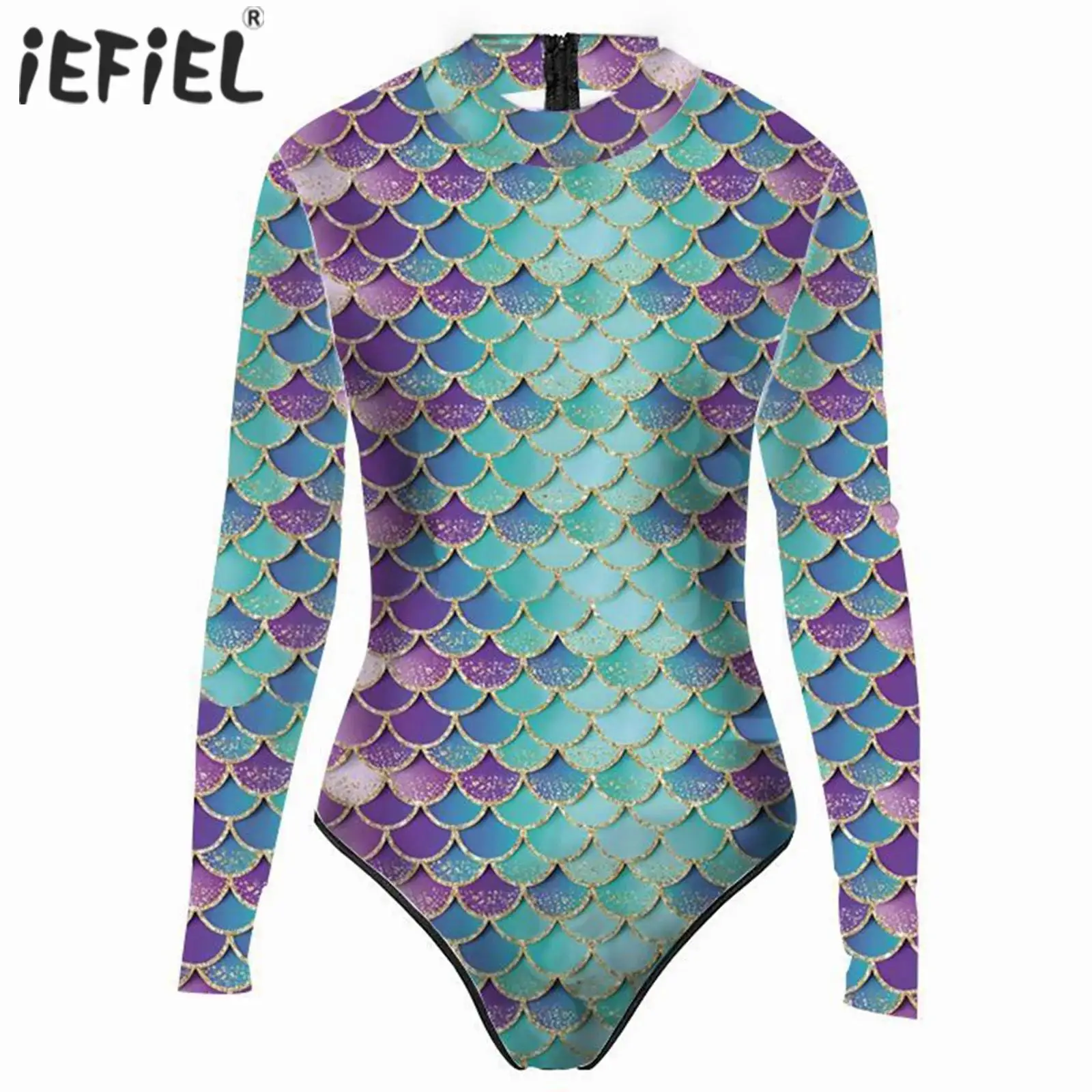 Womens Swimwear Leotard Bodysuit Rash Guard One Piece Swimsuit Fish Scales Print Long Sleeve Body Tops Sexy Swimwear Jumpsuit