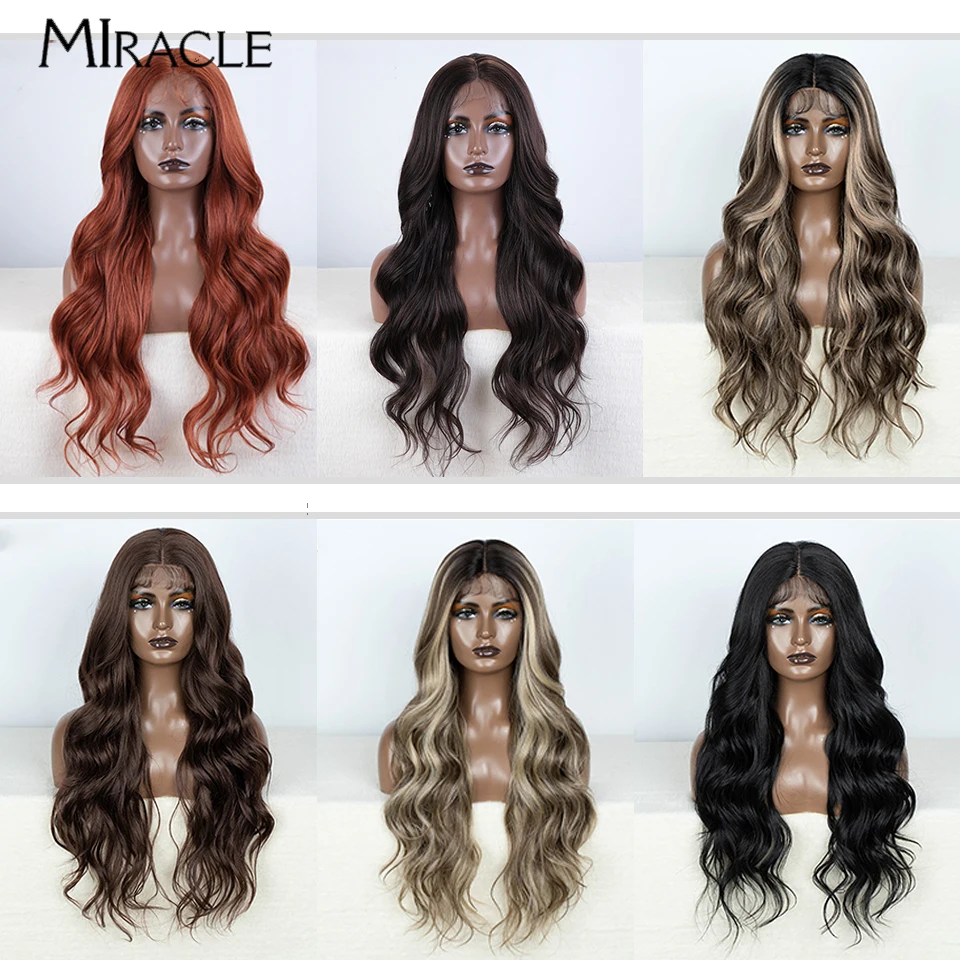 MIRACLE Synthetic Lace Front Wig for Black Women 28 Inch Cosplay Wig Body Wave Ginger Fake Hair Blonde Wig Female Lace Wigs