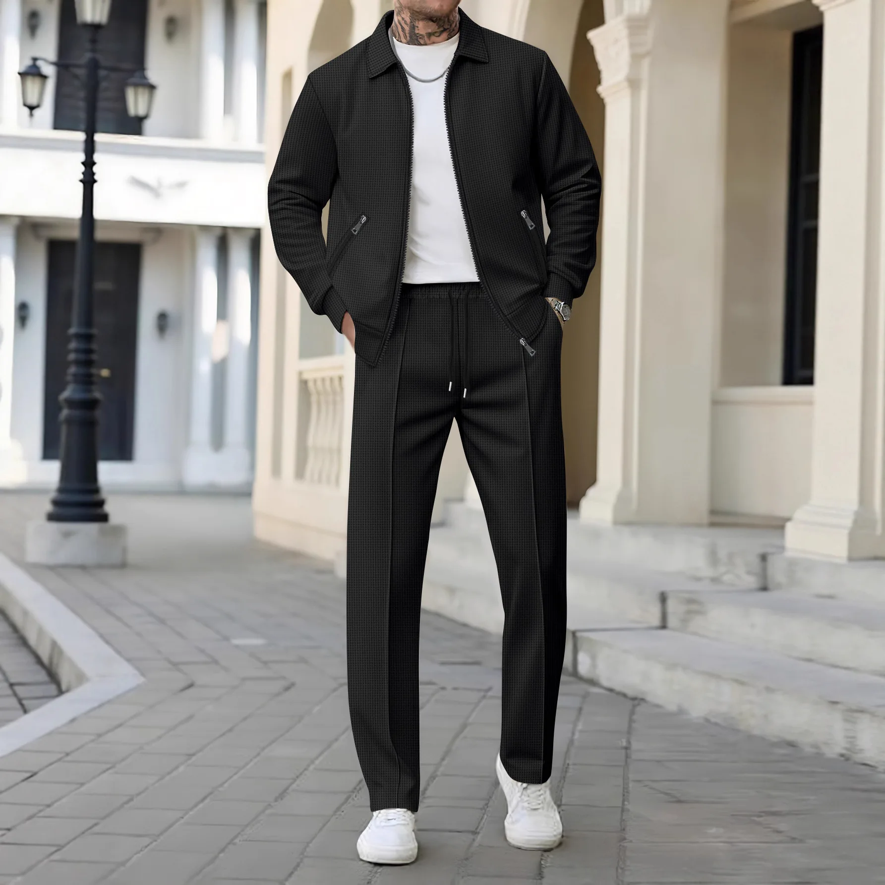 2025 Men's Autumn Youth Zipper Pocket Lapel Slim Cardigan Jacket Two-piece Suit