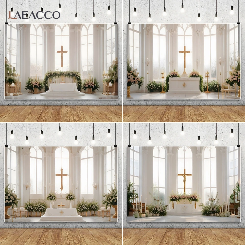 Christmas White Church Christian Photography Background Nativity Scene Holy Cross Arch Window Easter Party Flower Photo Backdrop