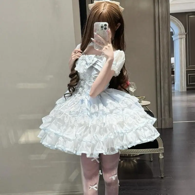 NONSAR Japanese Style Lolita Summer Puff Short-sleeved Birthday Dress Women Gentle Sweet Bow Lace Cake Ballet Mini Dresses