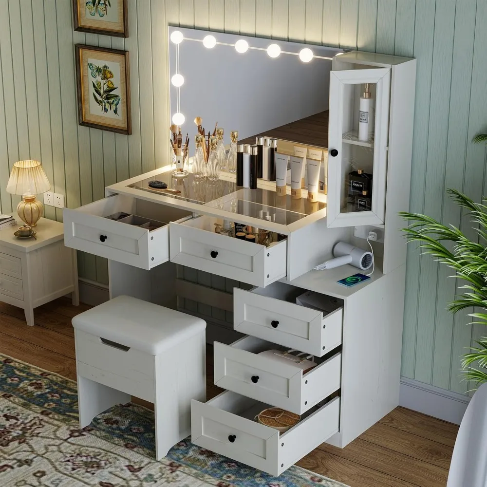 Mirror Large Vanity Desk with LED Bulbs, Makeup Vanity Table Set with Glass Tabletop, Charging Station & Power Outlet, White