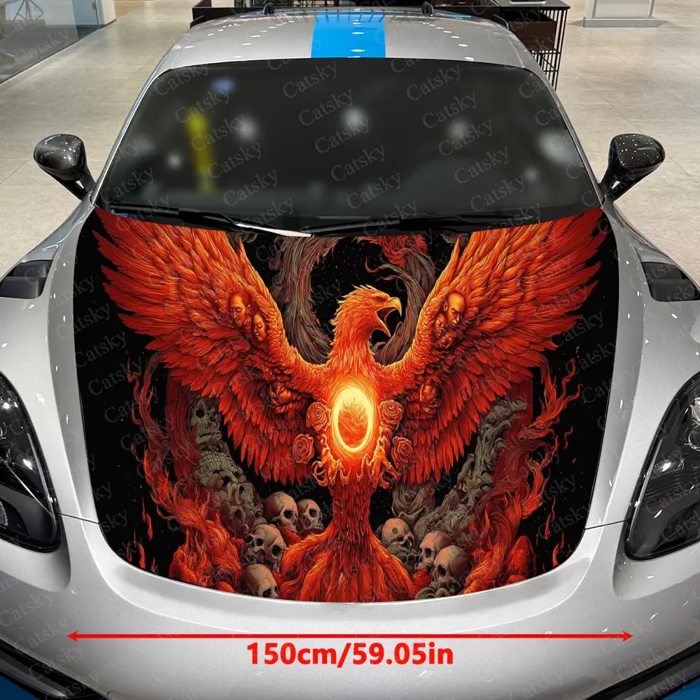 Phoenix & Skull Totem Car Vinyl Wrap, PVC Waterproof Car Hood Sticker, Self-Adhesive Scratch-Resistant Stickers