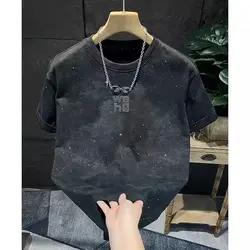 Korean Fashion Men New Pure Cotton T-Shirts Summer O-Neck Tie Dye Letter Gypsophila Sequined Trend Casual Short Sleeve Loose Top