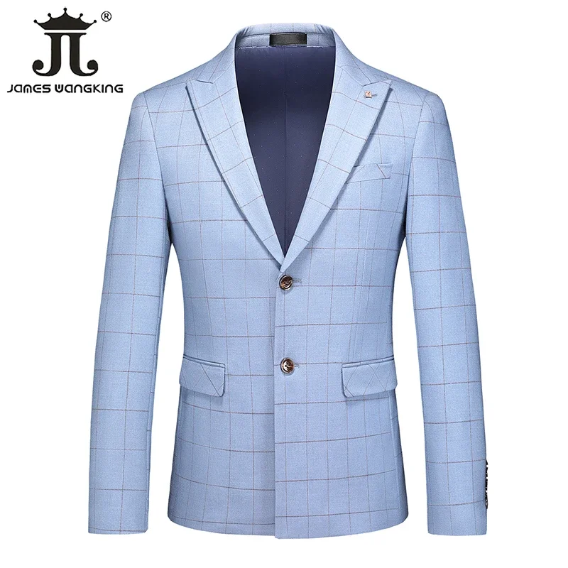 (Jacket+Vest+Pants) Blue Plaid Suit 3-Piece Groom Wedding Dress Men\'s Business Casual Social Workwear Fashion Slim Prom Tuxedo