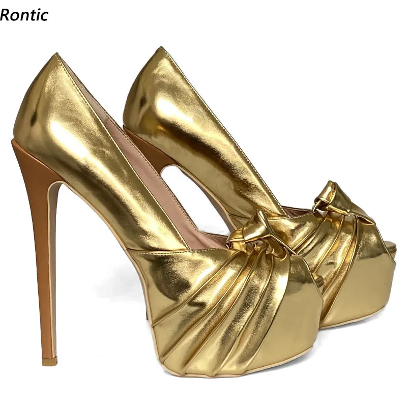 Rontic Handmade Women Platform Pumps Popular Ultra High Heels Peep Toe Gorgeous Gold Silver Party Cosplay Shoes US Size 5-20