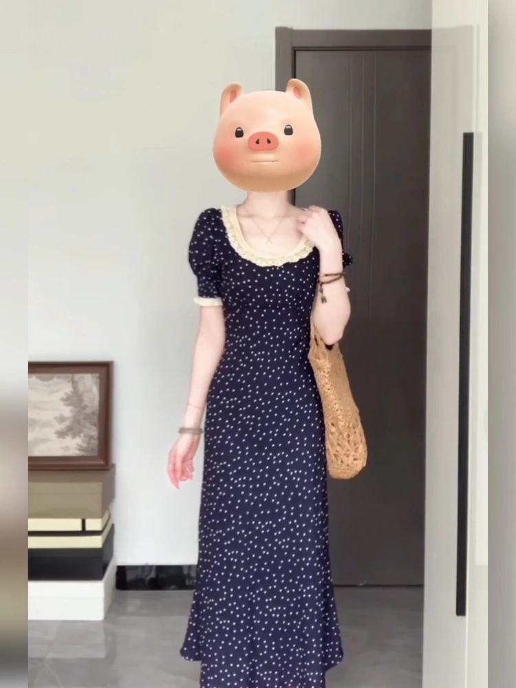 

XZY Elegant Polka Dot Floral Trim U-Neck Summer Slimming Long Dress Women's Casual Style Polyester Fiber Short Sleeve Maxi Dress