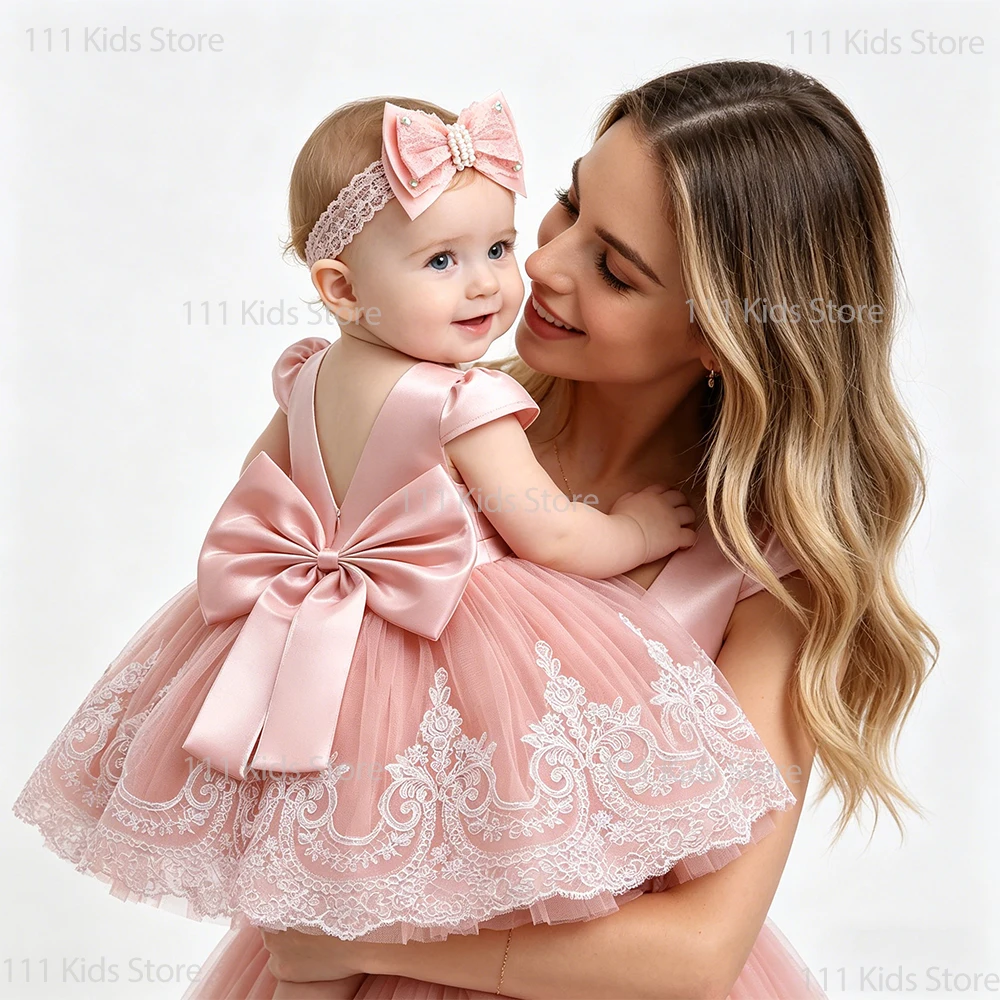 

Children's Backless Lace Evening Dress for 1st Birthday Party Baby Clothes Summer Pink Princess Dress Girls Elegant Dress 3-24M