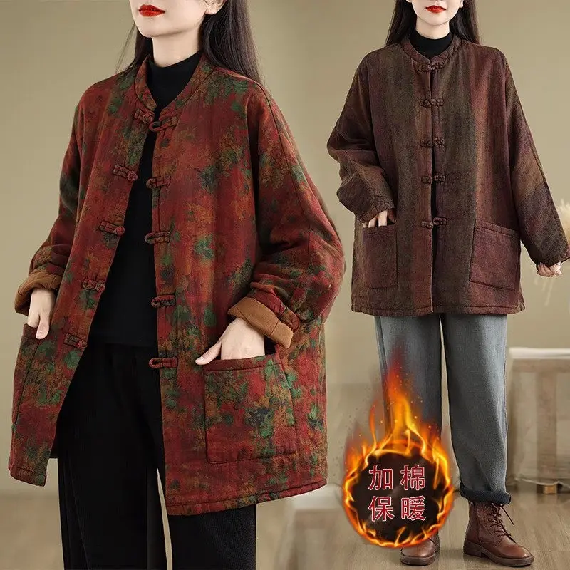 Autumn Winter Women Clothes 2024 Vintage Ethnic Style Printed Jacket Loose Long Sleeved Cotton Padded Coat A355