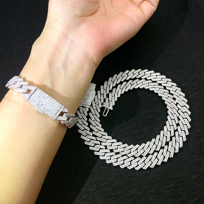 12mm Moissanite Two Rows Of Cuban Chain Bracelet Necklace S925 Silver Iced Out For Men Hip Hop Jewelry Pass Diamonds Tester