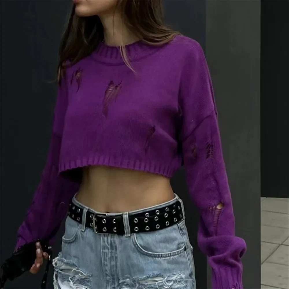 Autumn Winter Women's Short Style Exposed Navel Lazy Style Draped Sweater Sexy Long Sleeved Hole Knitted Fashionable Casual