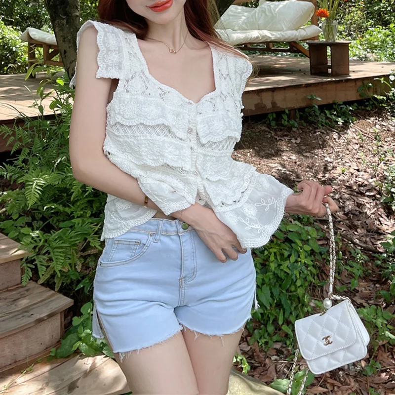 Boring Honey Solid Color Square Collar Summer Clothes For Women Lace Join Together Sleeveless T-Shirt Single-Breasted Tops Women
